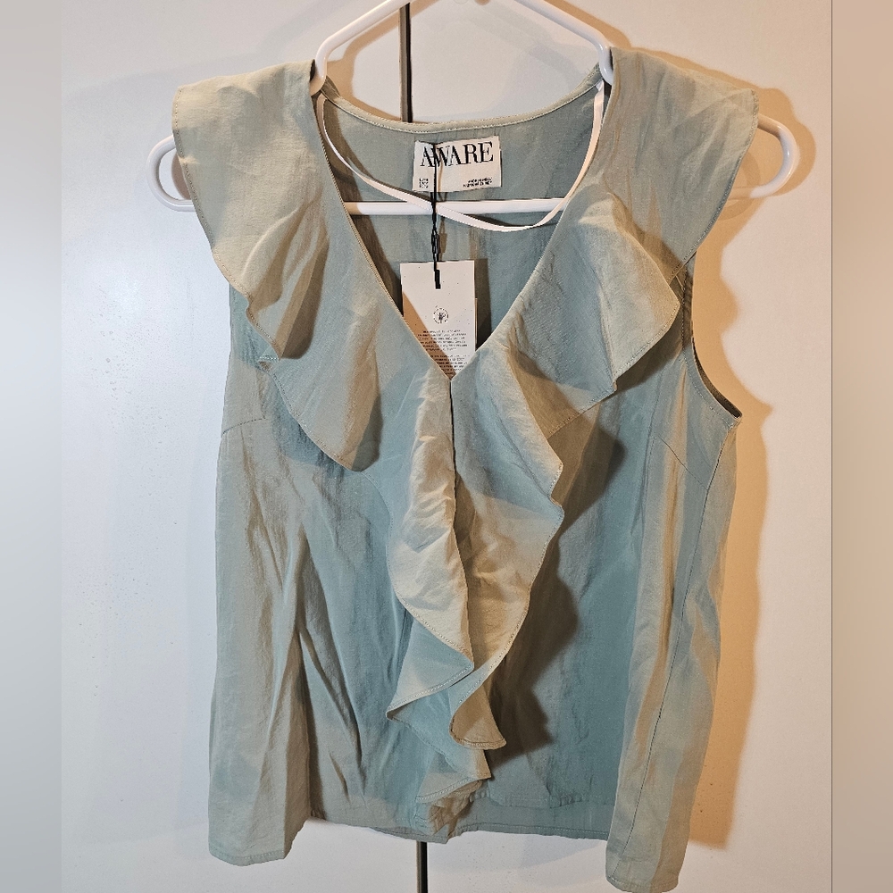 Green Ruffled Sleeveless Blouse